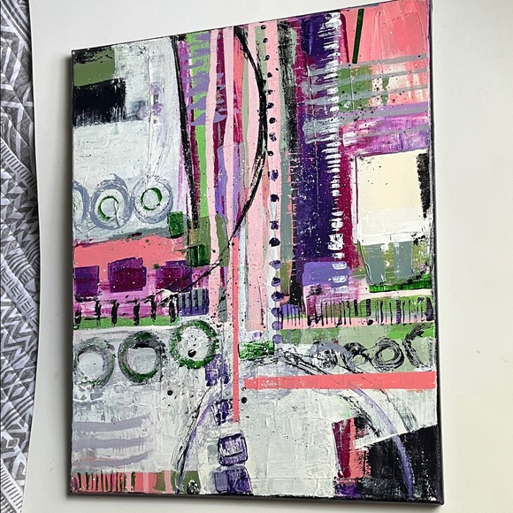 Abstract Canvas Art in Pink, Green, and Purple - Picture 1 of 4